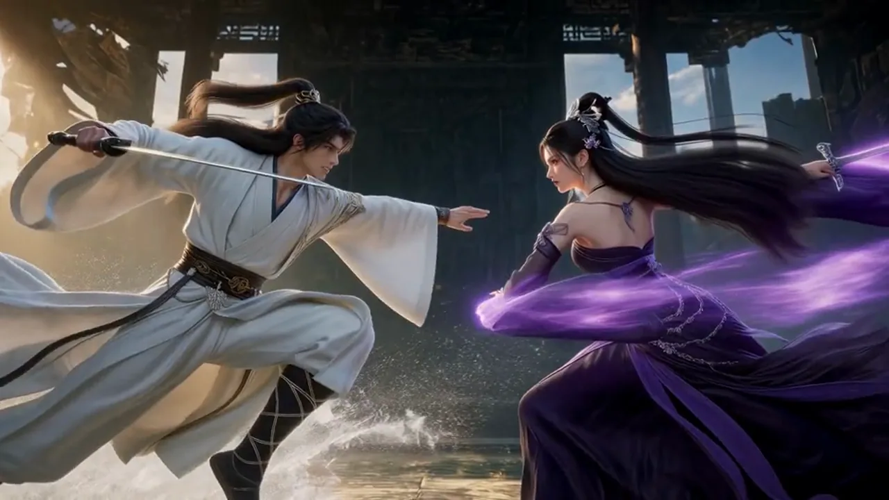 Fantasy scene inspiration with two warriors dueling inside a temple amid violet light
