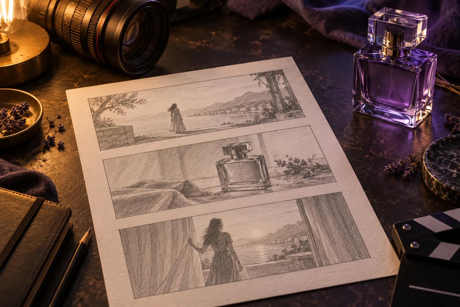 Product composition concept with storyboard sketches, a camera lens, and a purple glass perfume bottle