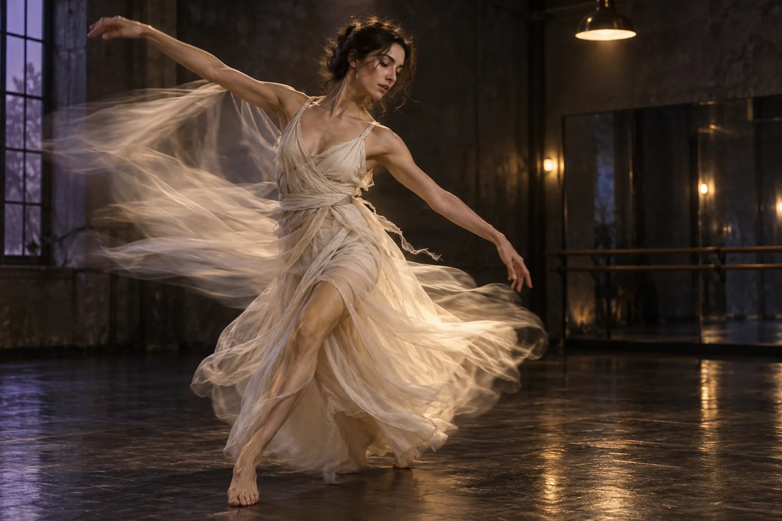 Movement and editorial inspiration with a dancer in an ivory dress in a rehearsal studio
