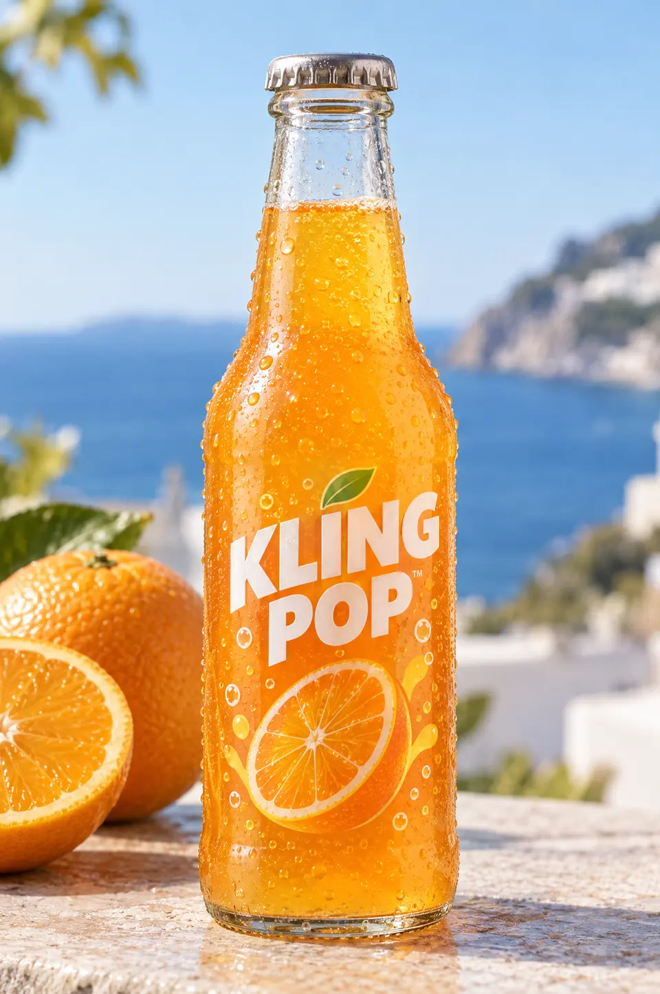 橙色 Kling Pop 饮料瓶与橙子的产品照片