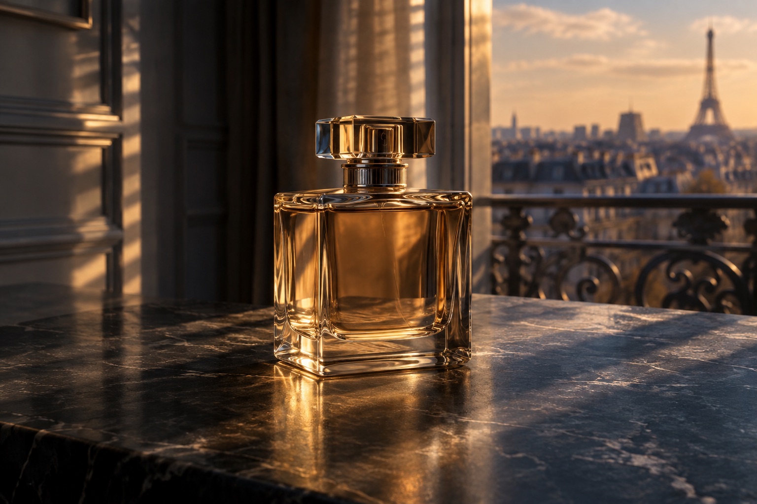 Illustrative unbranded perfume bottle in warm window light